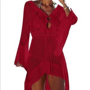 RED Cotton Front Cut Out Coverup Bikini Crocheted